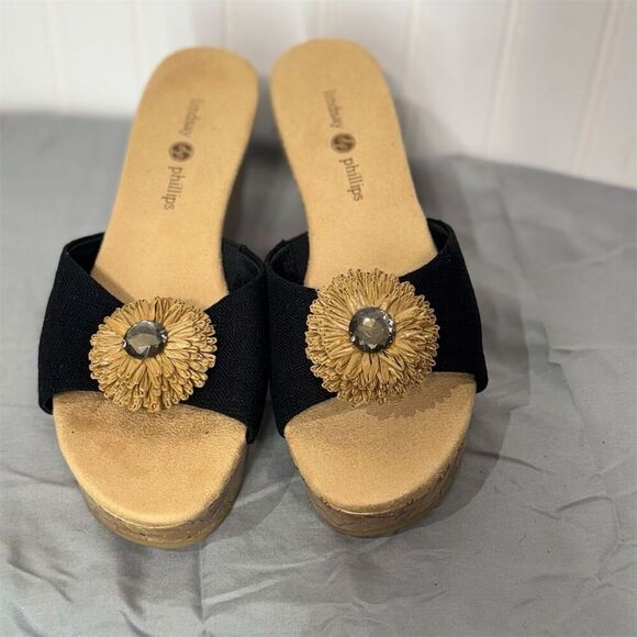 New Lindsay Phillips black wedge sandals 7.5 floral cork heels retro boho glam - Picture 8 of 8